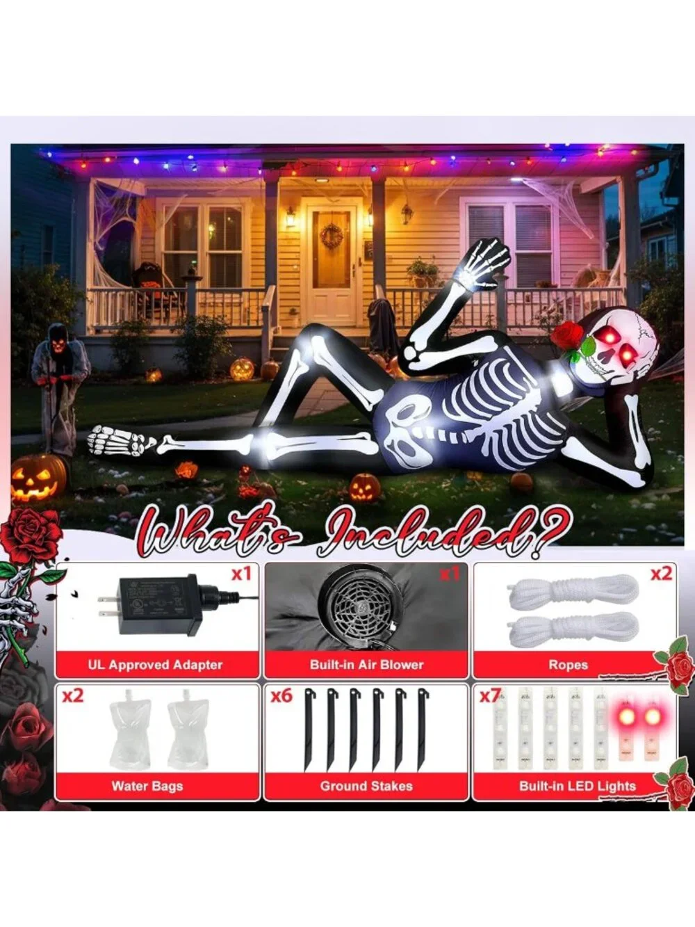 Giant 10FT Inflatable Skeleton with Glowing Red Eyes - Scary Halloween Yard